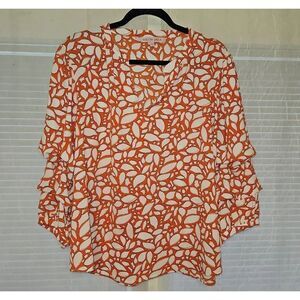 Willow Drive Split Neck Orange N Cream Leaf Print Top